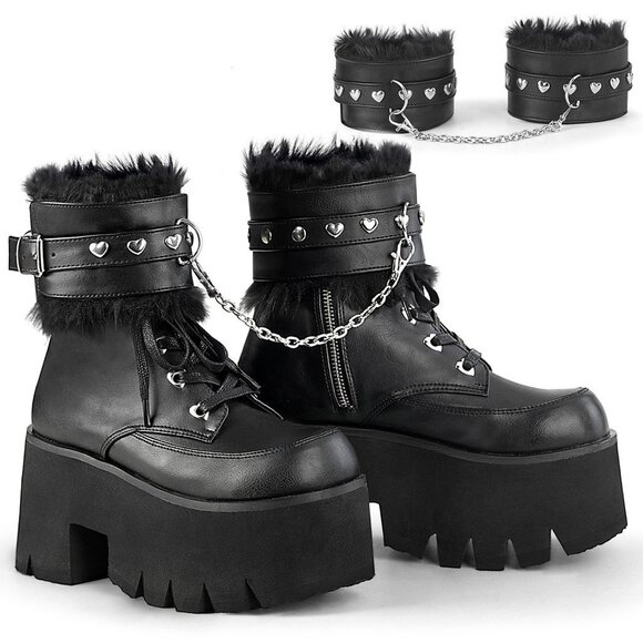 Goth Punk Platform Ankle Boots Furry Chain Cuff 57 - Picture 16 of 16